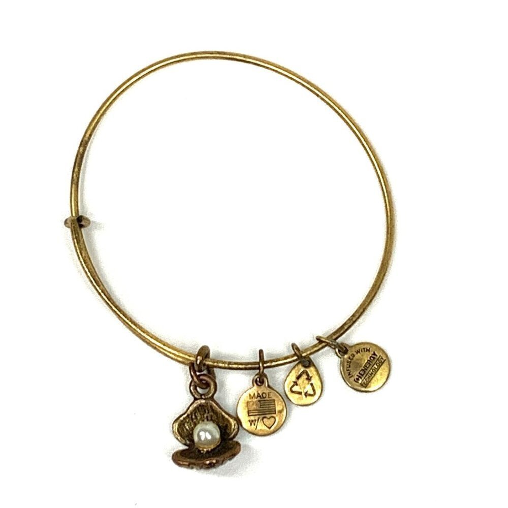 Alex and Ani Oyster & Pearl Charm Bracelet Gold Finish - Expands 2"- 3.5"